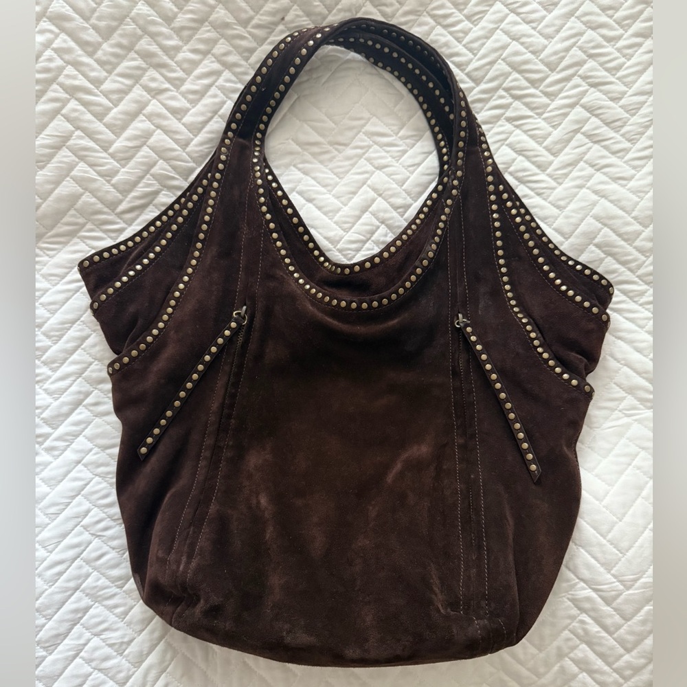 Authentic Tracy studded Kooba leather bag, large Hobo bag, in Chocolate suede